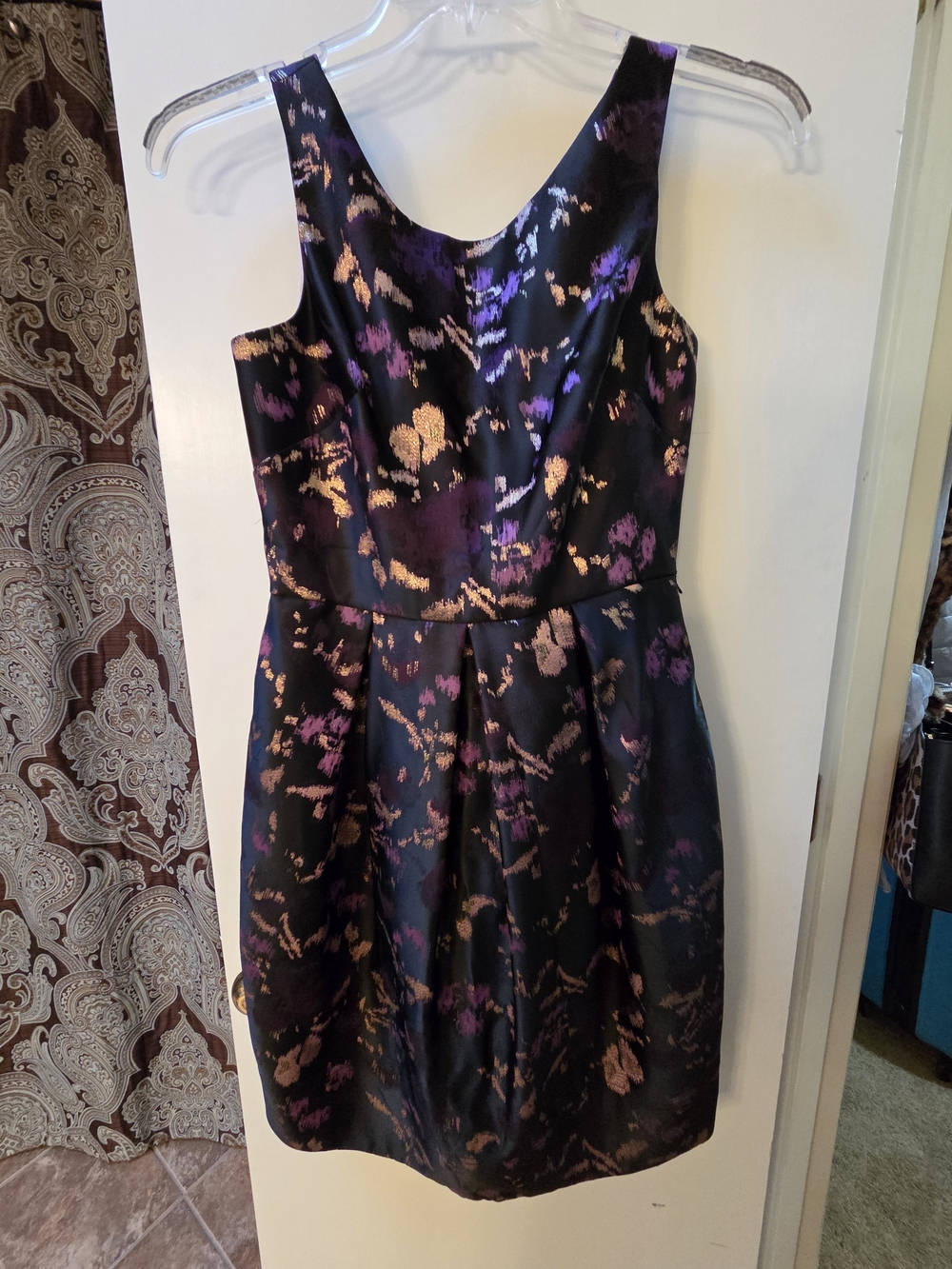 Eliza J  SZ 4 Black Mini Dress with Purple and Gold Floral Metallic Print